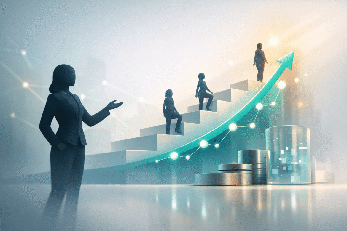 Abstract illustration of AI tools for women founders driving rising fundraising growth