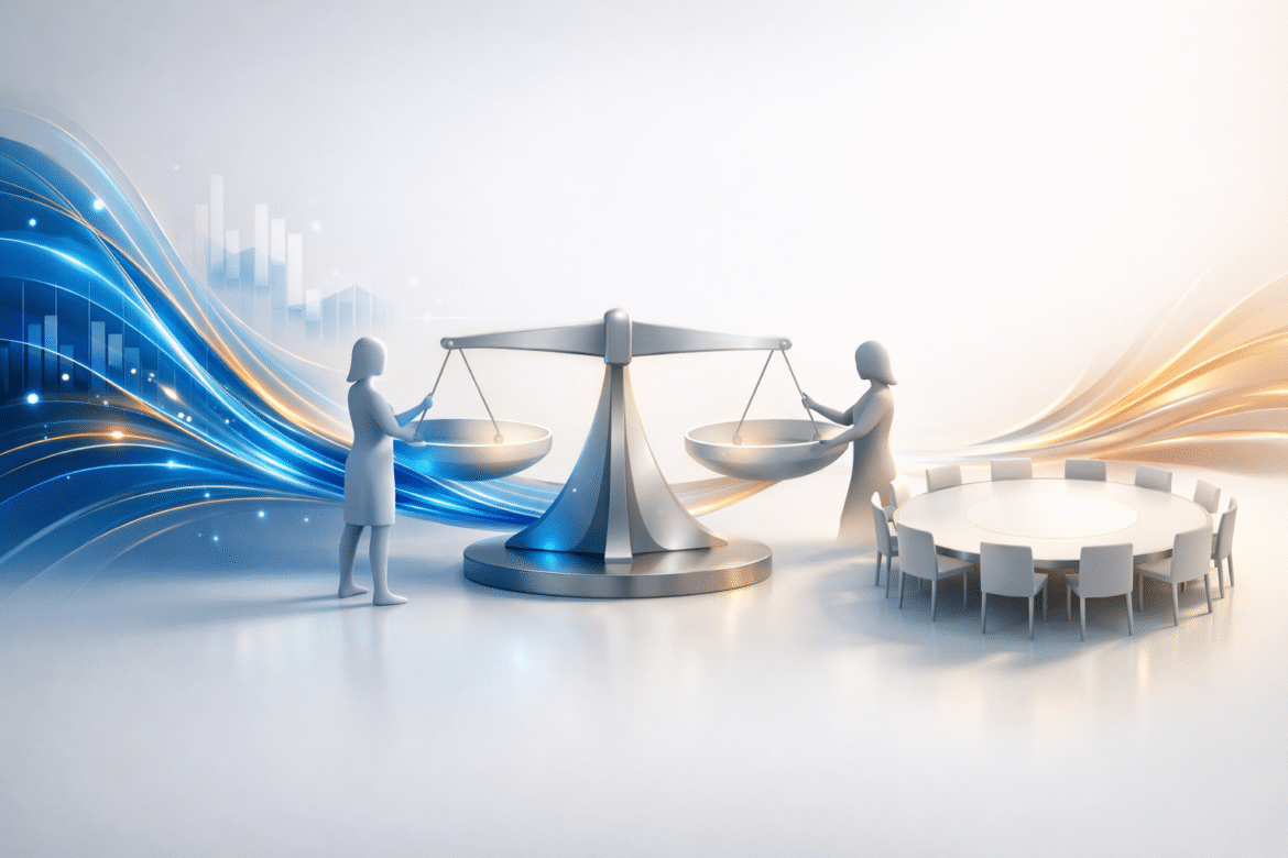 Abstract data-as-art illustration of data streams converging on a balanced council table with faceless silhouetted figures, representing women in AI governance at the Geneva summit