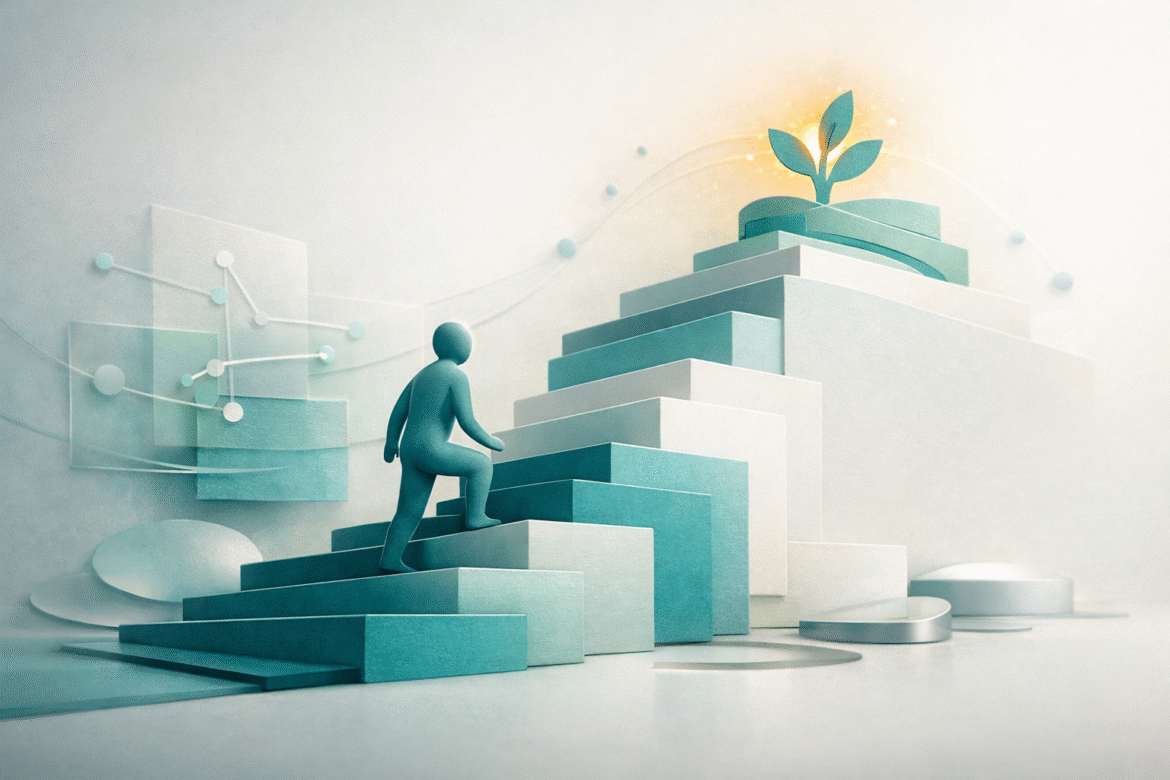 Abstract collage of two ascending steps showing the women-owned business AI adoption gap being closed