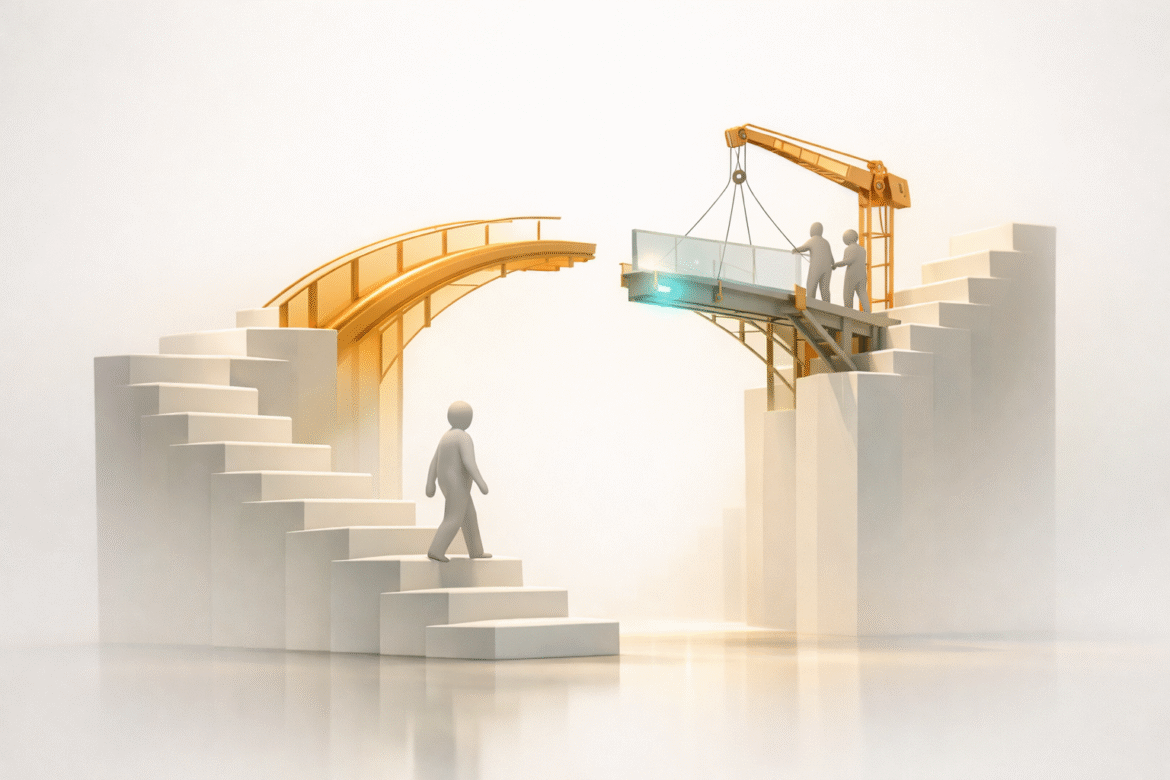 Blueprint line-art illustration of the women-owned business AI adoption gap shown as two staircases being bridged