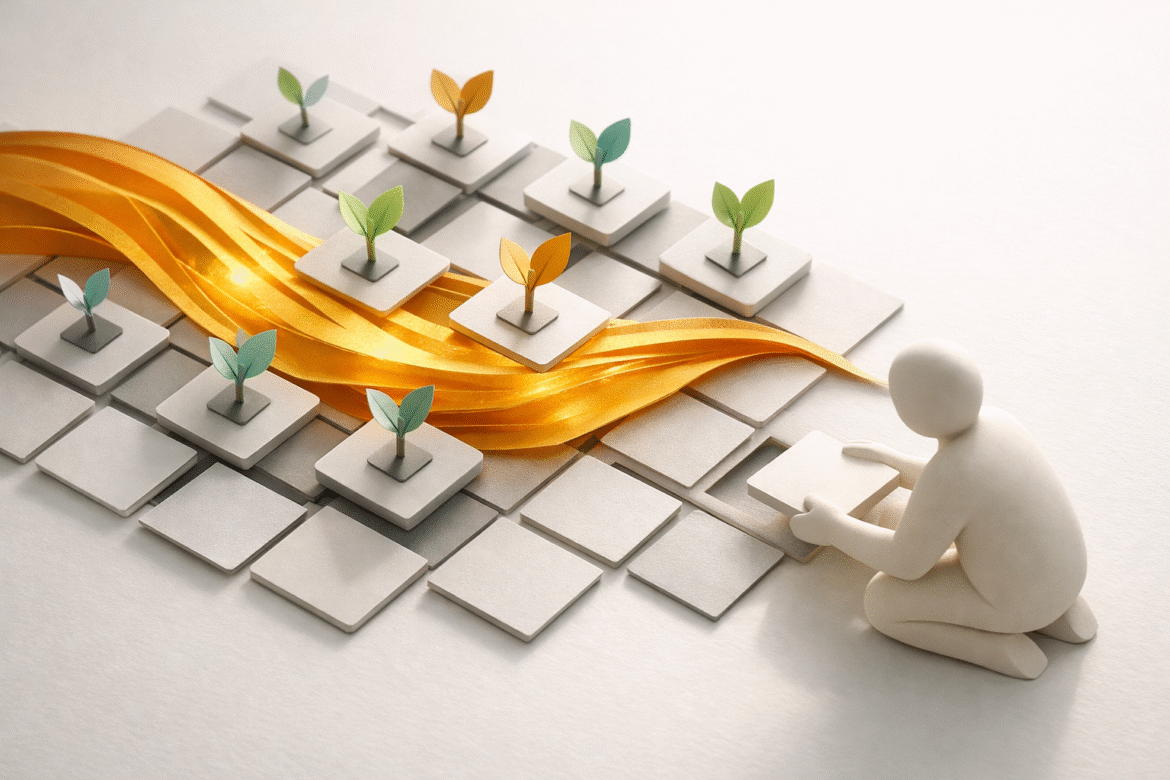 Women TechEU 2026 equity-free grants illustrated as a golden paper-cut grid of growing tiles tended by a faceless figure