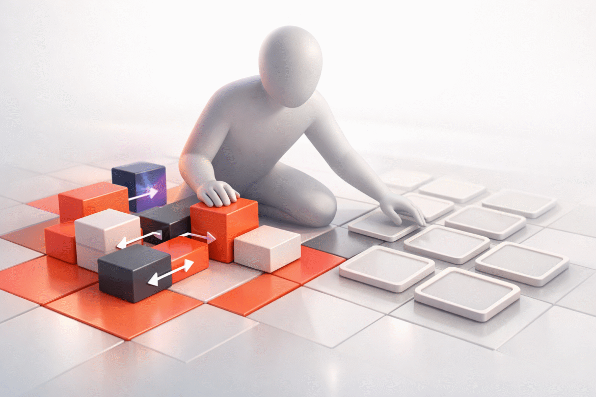 Abstract grid illustration for choosing AI agents for small business, a figure sorting solid multi-step tiles from hollow lookalike tiles