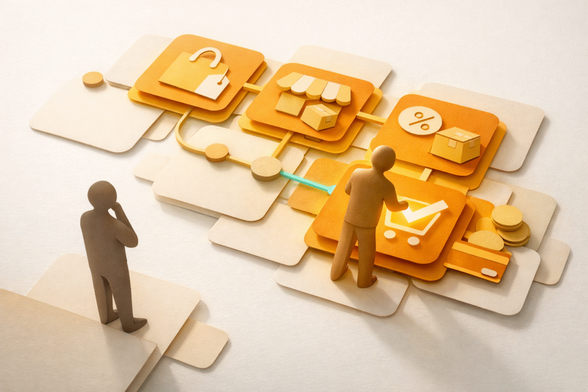 Agentic commerce shown as an AI shopping agent comparing merchant tiles and completing a purchase