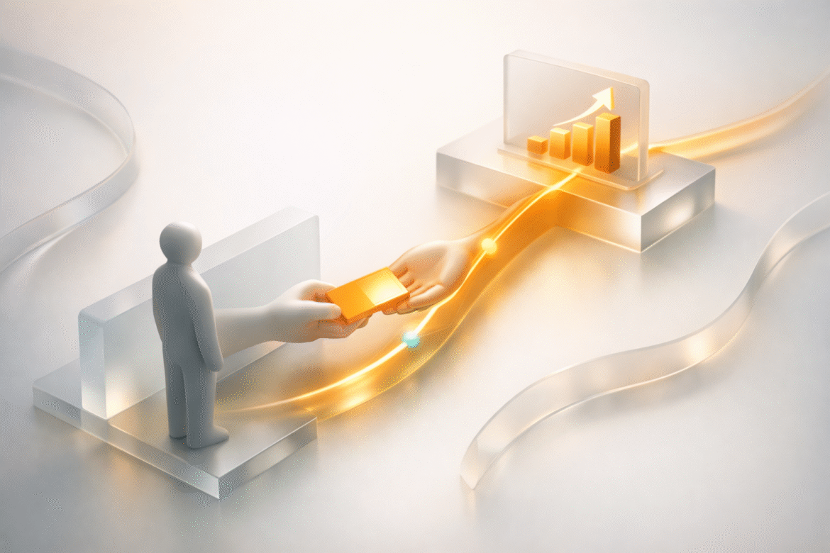 AI agents for small business shown as one well-scoped task carried along a clean path to a rising, positive result