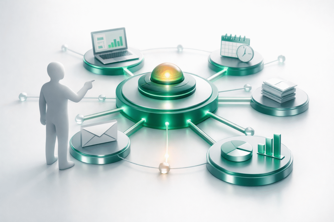 AI agents for small business shown as a hub coordinating email, docs and analysis tasks