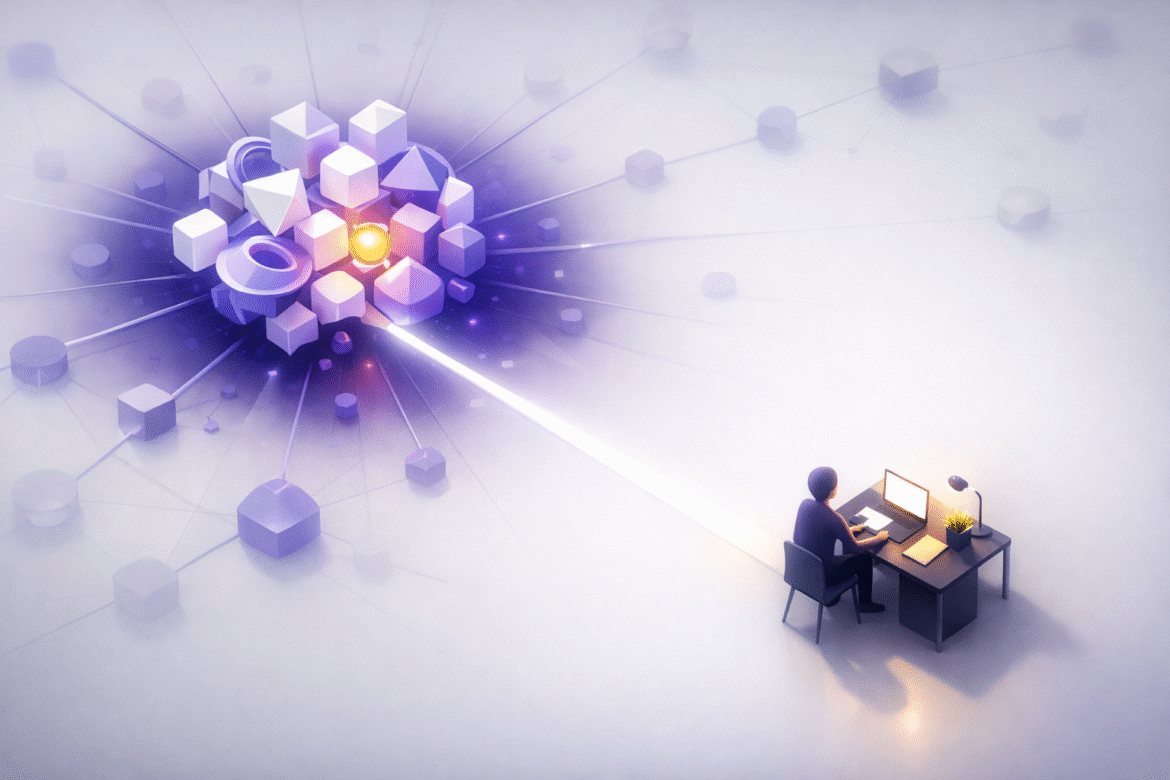 Conceptual illustration of an AI breakthrough as a distant research summit linked by a bright path to a small business workspace