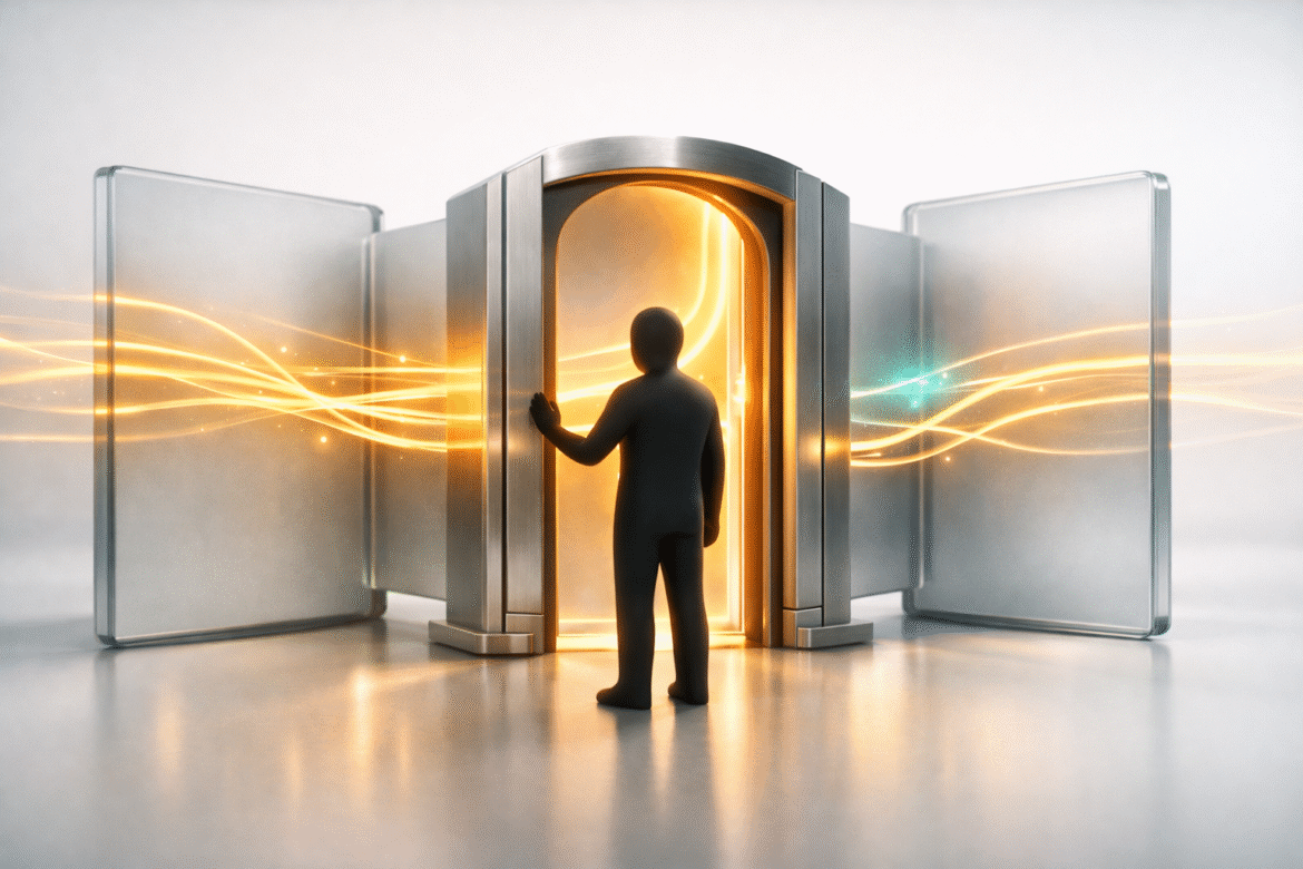 Faceless figure pausing at a protective gateway guarding data flows, illustrating AI browser security for agentic browsers