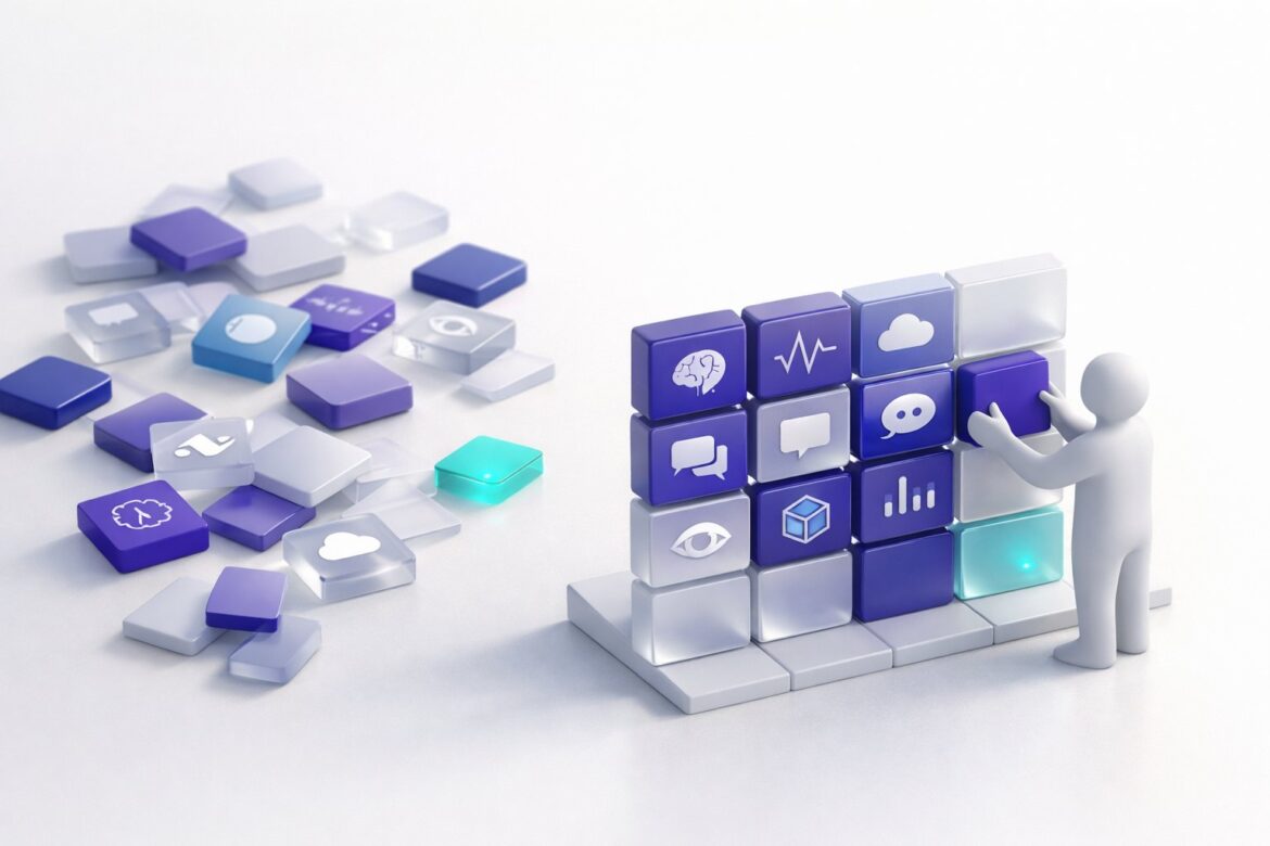 Illustration of AI compliance for small business: scattered AI tools arranged into one organized, governed inventory grid
