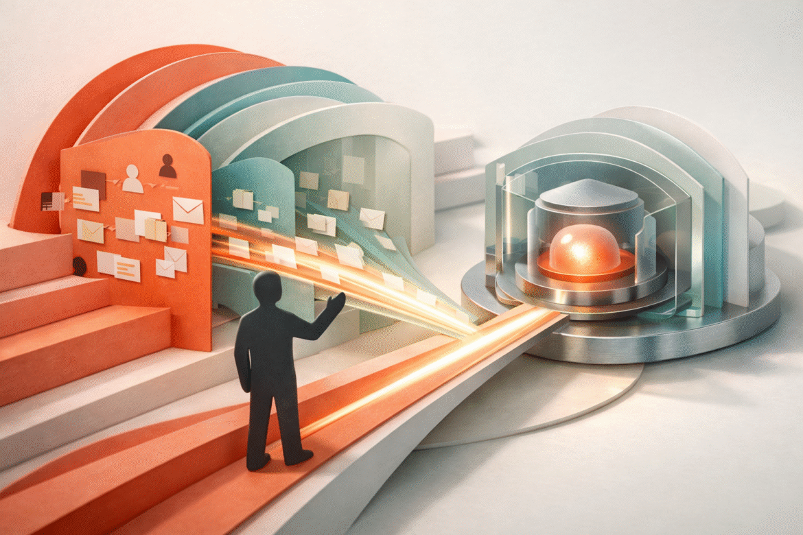 Paper-cut collage illustration of AI data security for small business, a layered gateway filtering which data reaches an AI system