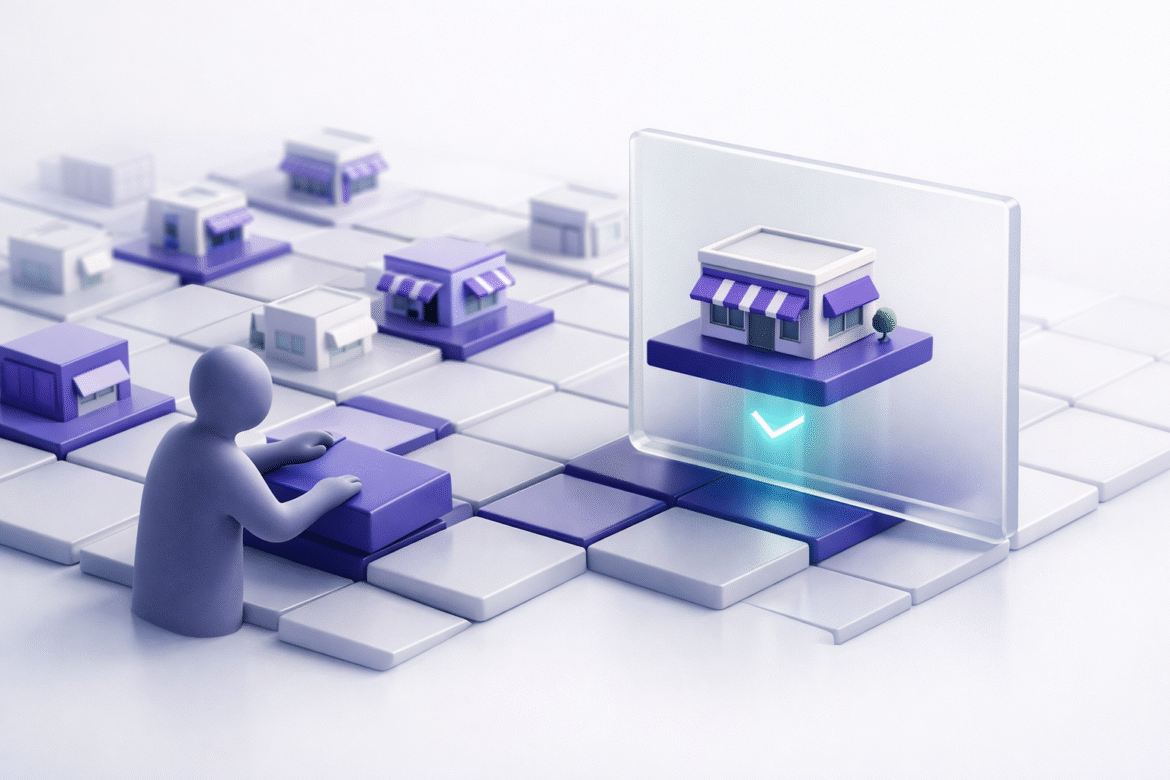 AI search visibility for small business shown as one verified business tile selected from a grid to be cited in an answer
