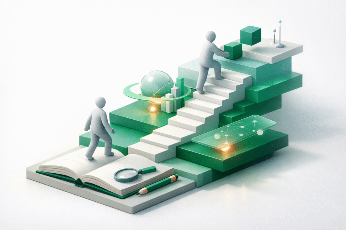 Isometric 3D illustration of AI skills for women, a layered learning stack with faceless figures ascending steps toward advanced capability