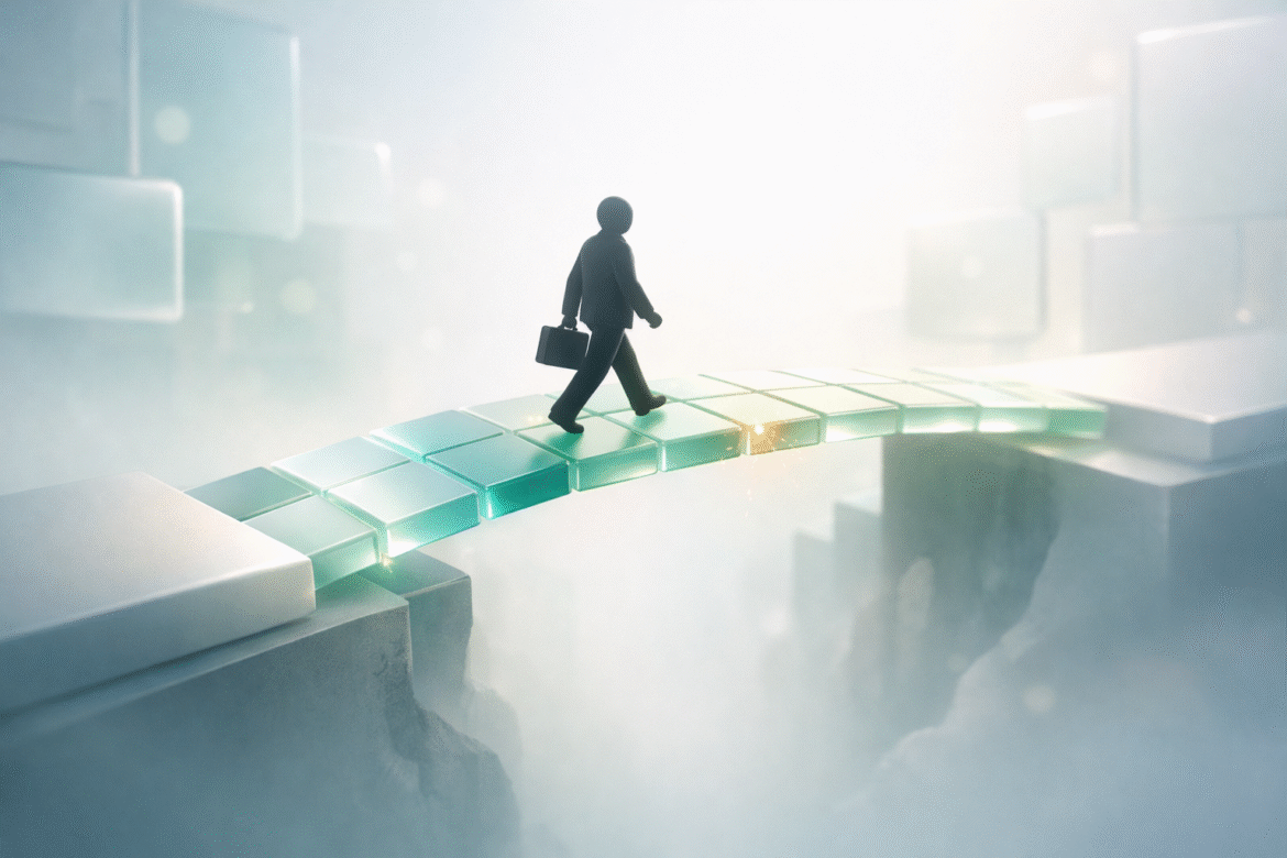 Faceless figure crossing a gap on a bridge of connected tiles, illustrating the AI skills gap for small business