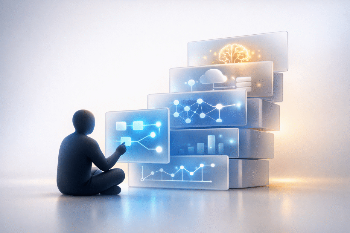 Abstract illustration of AI training for small business, a small team learning one workflow at a time.