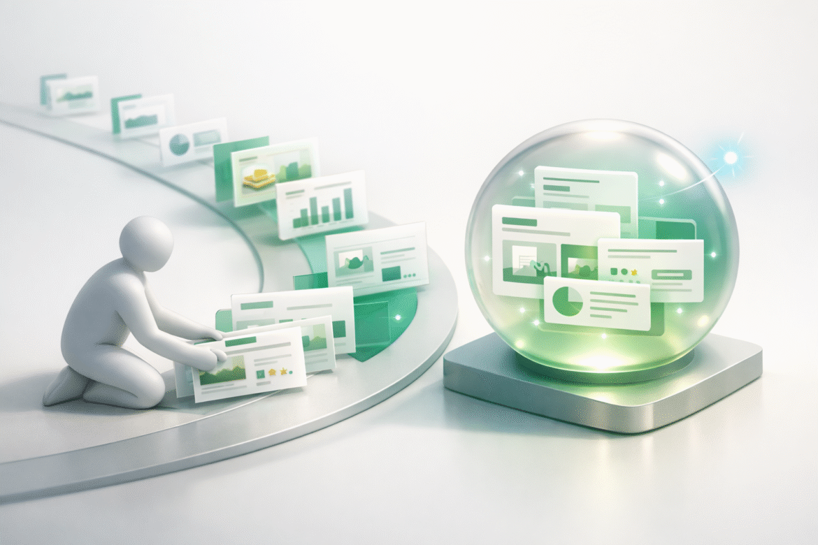 Isometric scene of a small business content cards being cited inside an AI answer, illustrating answer engine optimization