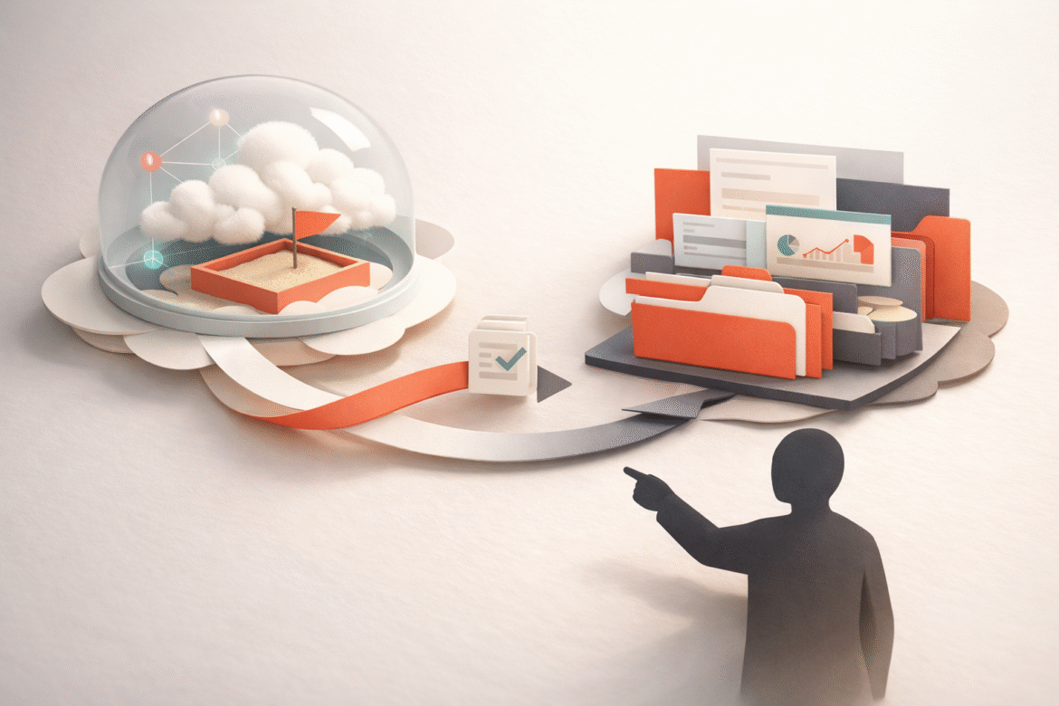 Abstract illustration of AI agents for small business, a task routed between a cloud sandbox and a local desktop stack