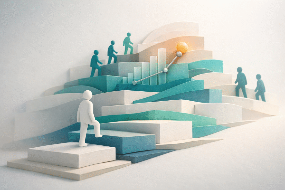 Gen Z women AI adoption gap illustrated as an uneven staircase of stacked platforms with some forms climbing ahead of others