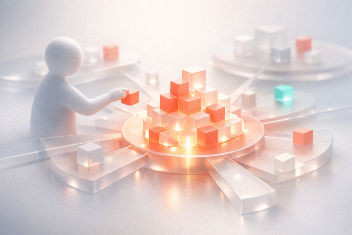 Glassmorphism scene of small learning blocks building a glowing hub, illustrating learning AI for small business in small steps