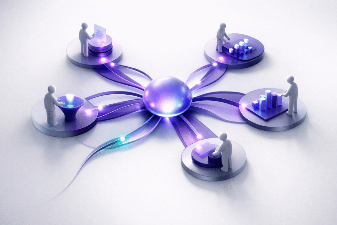 Abstract data-as-art illustration of multi-agent AI for small business, coordinated specialist nodes passing one task around a central hub