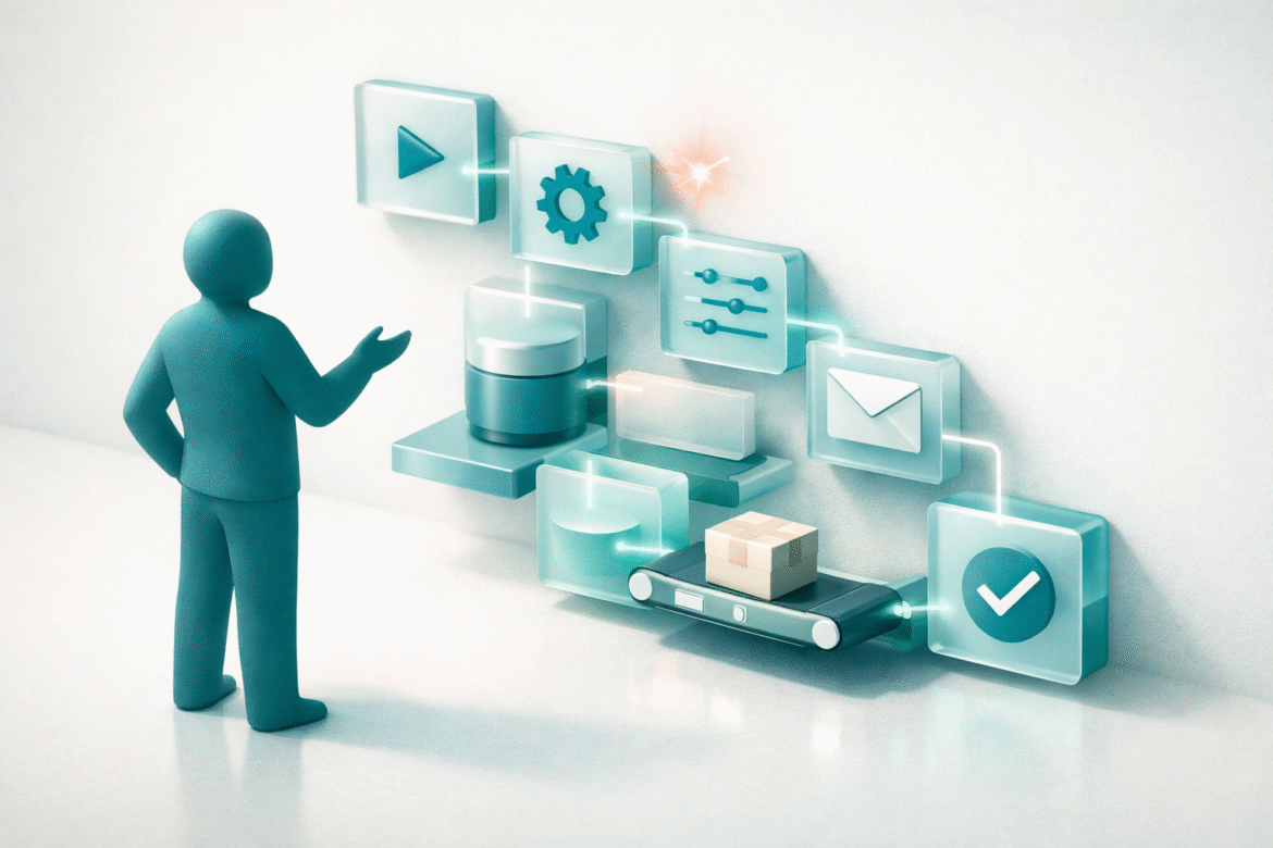 Editorial duotone illustration of no-code AI agents assembling an automated workflow for a small business across a grid of connected tiles