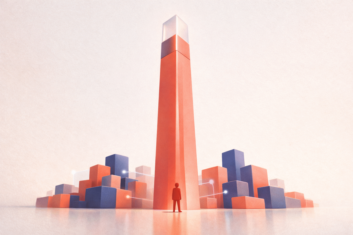A tall purpose-built pillar standing apart from generic blocks, illustrating vertical AI for small business outperforming general-purpose tools