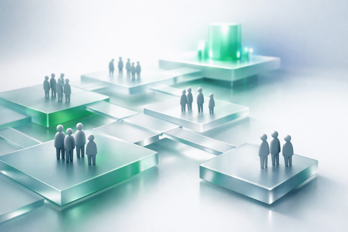 Conceptual illustration of the women AI adoption gap as groups of faceless figures on a connected grid, the youngest cluster with the fewest bridges