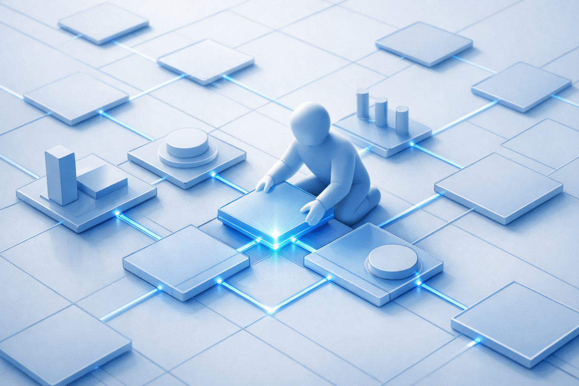 Blueprint top-down grid of AI governance tiles being shaped and connected, illustrating women in AI governance