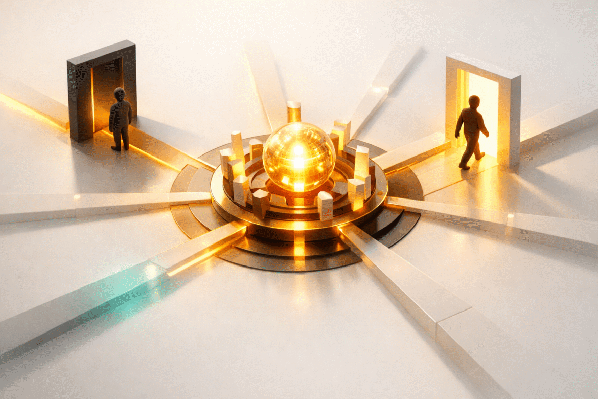 Abstract hub illustration of the AI gender gap at work, one figure entering an open gateway and another waiting at a closed threshold