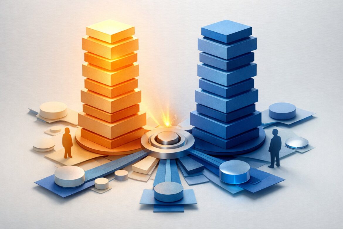 Two equal columns of work rising from one hub, one lit and one in shadow, showing the AI recognition gap