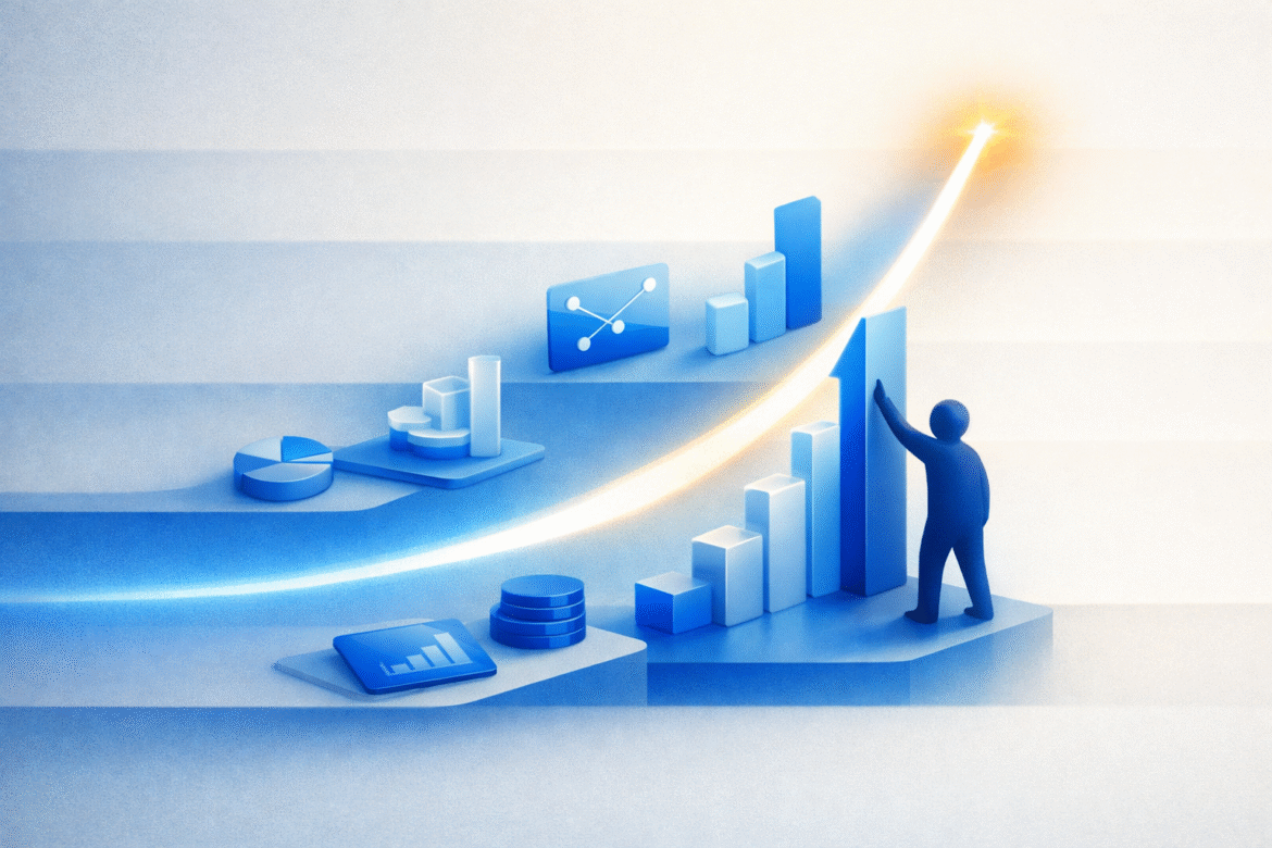 Abstract illustration of women entrepreneurs in emerging markets leapfrogging ahead with AI, small forms rising on an upward curve