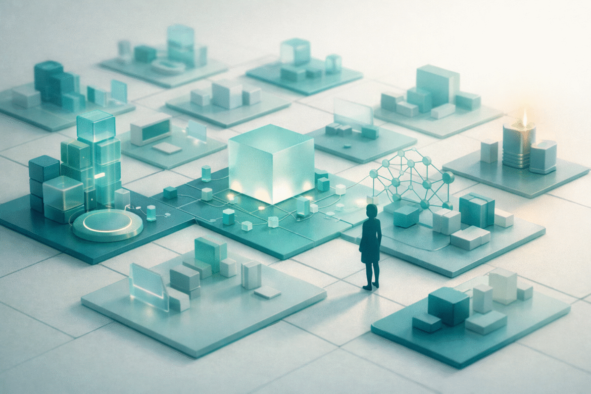 Editorial illustration of women in AI: an intelligent-system blueprint assembled across a grid of workstations with few builders present.