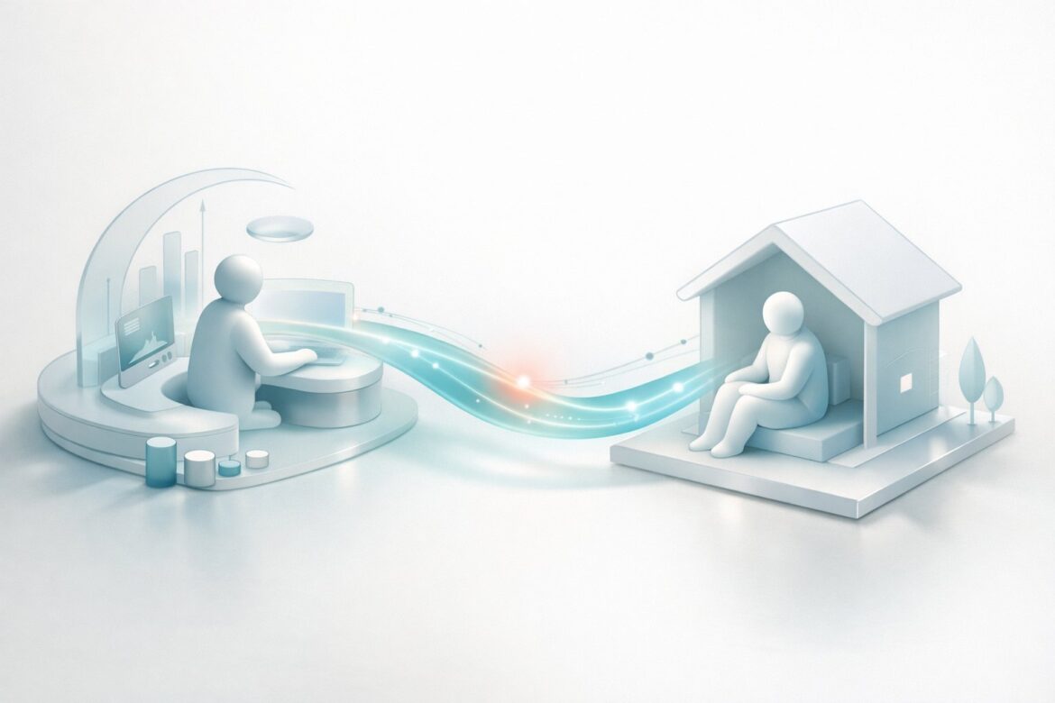 Women in AI robotics shown as a caring telepresence link between a caregiver and a home