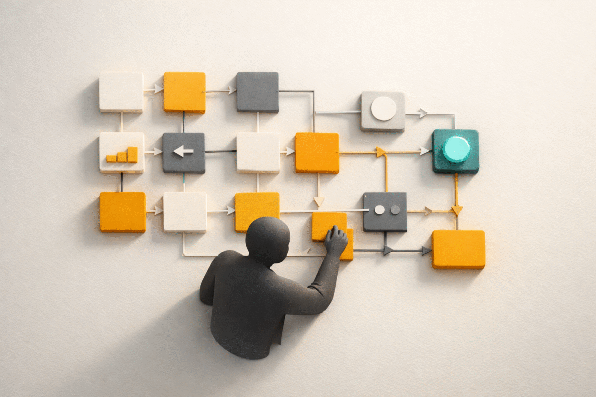 Faceless silhouette of a woman leader arranging a connected grid of AI agent tiles, representing women leaders in AI governing agentic workflows