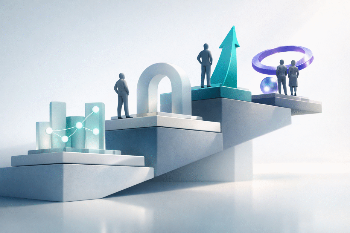 Illustration of women-led AI companies rising as leaders atop connected platforms