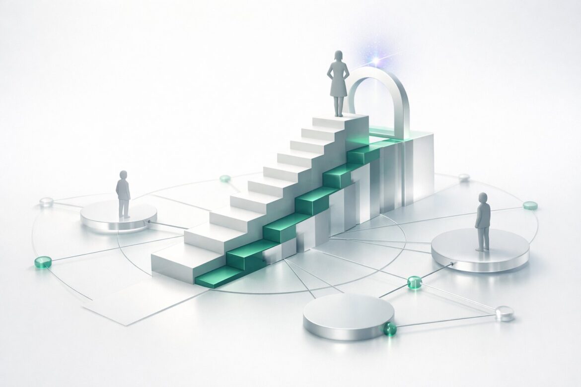 Women-led AI company shown ascending steps to cross a major milestone threshold