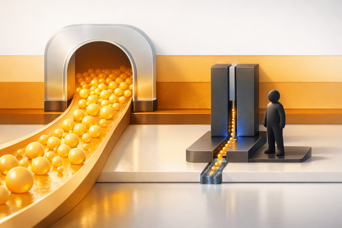 Flat vector scene contrasting a wide and a narrow resource channel through a structural gate, illustrating the funding gap for women-led AI startups