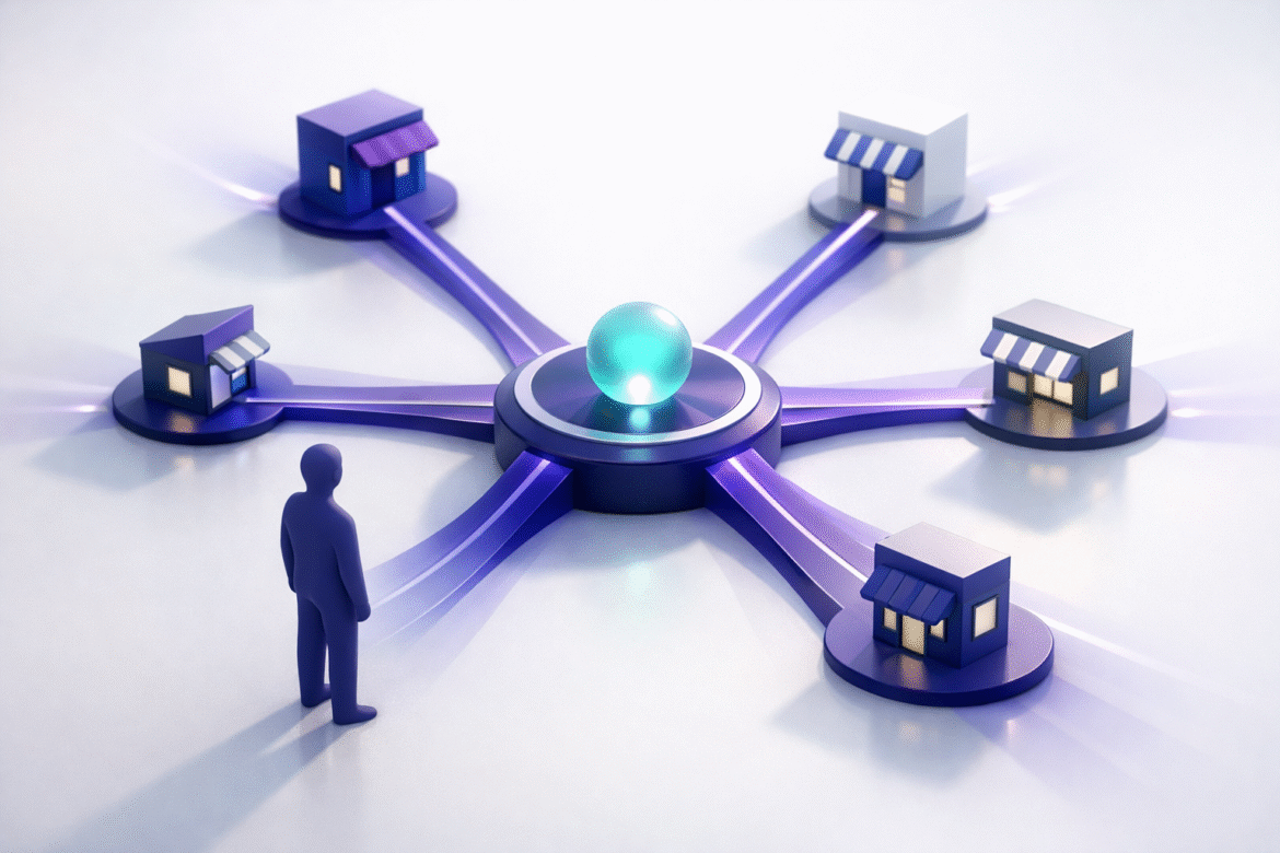 Abstract illustration of agentic commerce for small business: a hub routing shopper intent outward to individual merchant storefronts