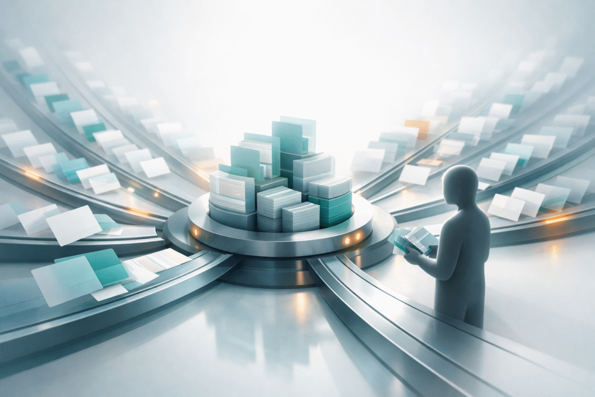 Abstract teal illustration of document and record cards fanning out from a central hub along automated channels, with a faceless silhouetted figure beside it, representing AI and administrative jobs