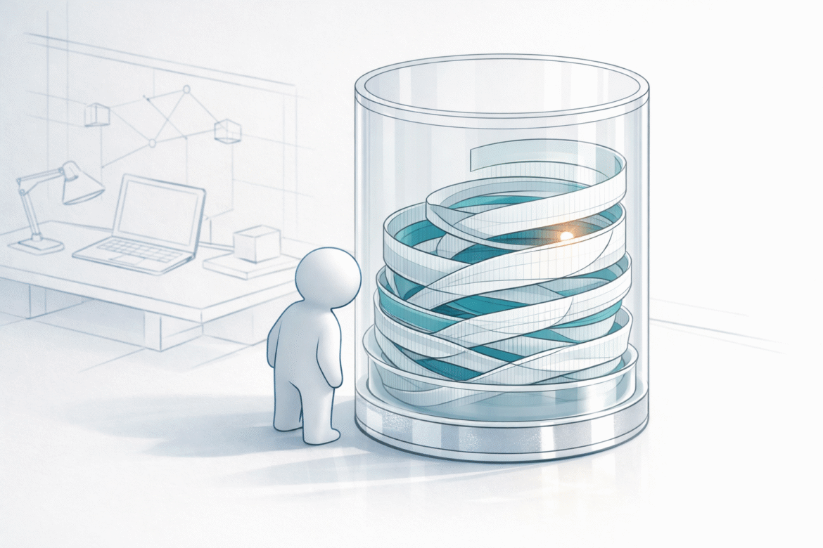 Abstract line-art scene of stored context layers building up in a translucent vessel, illustrating AI assistant memory for small business