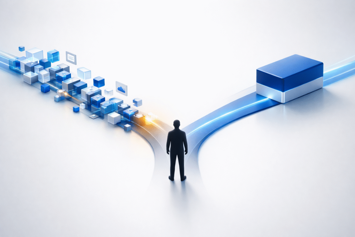 Abstract data-as-art visual of the AI build vs buy decision, two paths flowing from one point weighing custom-built tools against ready-made software