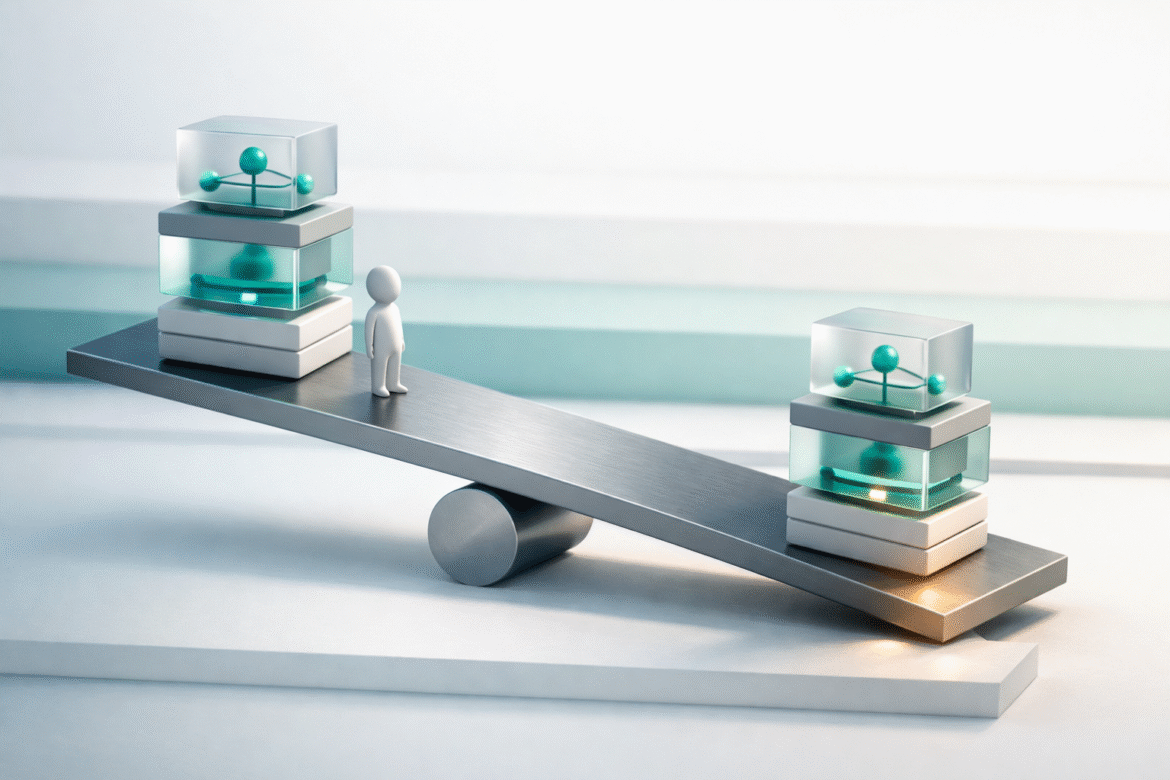 Abstract isometric 3D scene of two identical stacks weighed unequally on a tilted beam, illustrating the AI competence penalty women face
