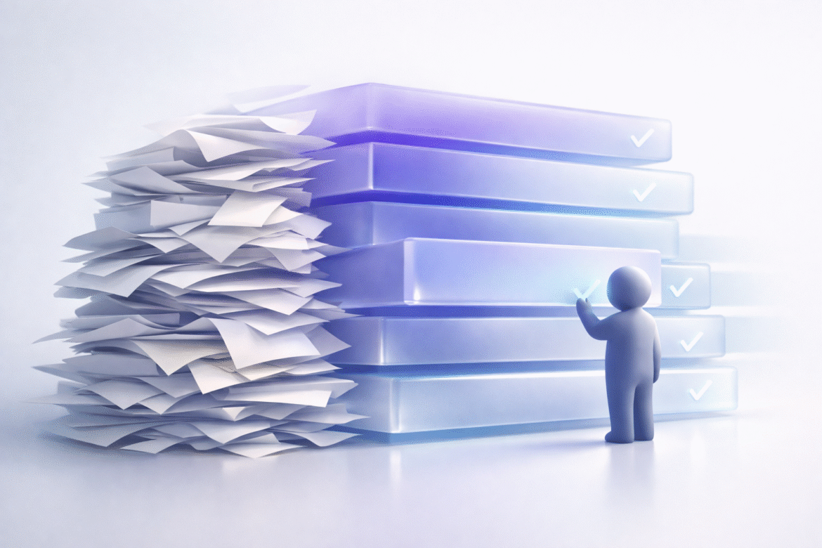 Abstract glassmorphism scene of a messy paper stack resolving into ordered data bands, illustrating AI document processing for small business