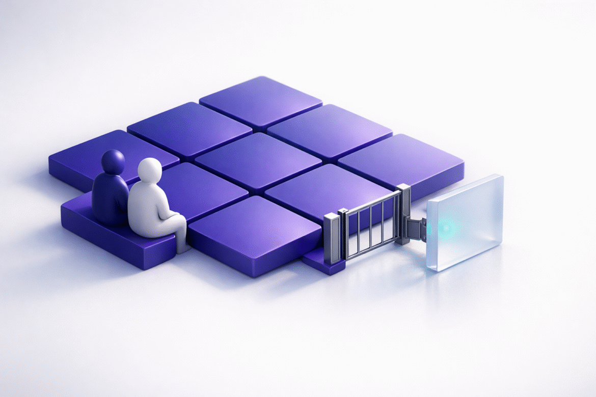 Abstract isometric illustration of connected meeting tiles representing AI meeting notetakers and consent
