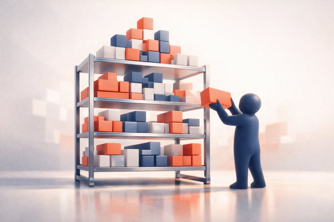 Abstract duotone scene of modular blocks stored on a central rack and slotting together, illustrating an AI prompt library as a reusable asset