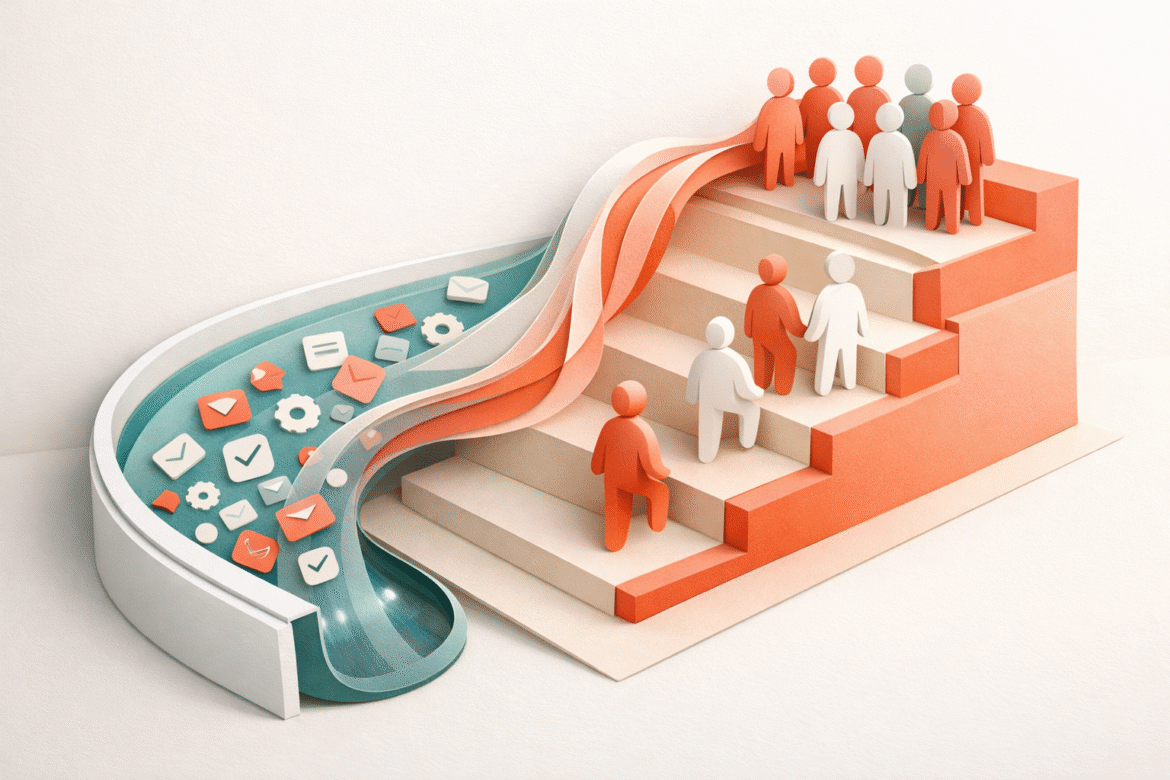 Abstract paper-cut illustration of repetitive tasks absorbed by an automated channel while freed capacity flows into a growing team, representing AI and small business hiring