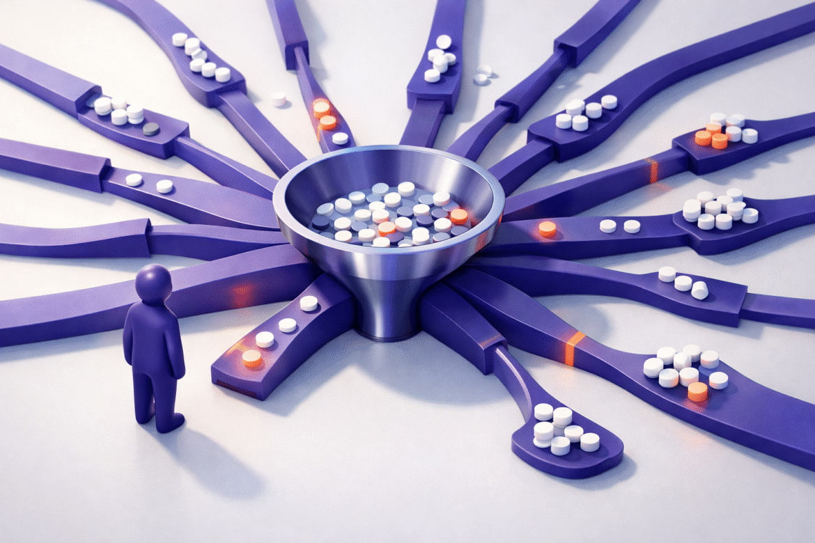 Abstract flat vector scene of one central sorting hub feeding many channels with some closed off, illustrating algorithmic hiring bias in screening tools