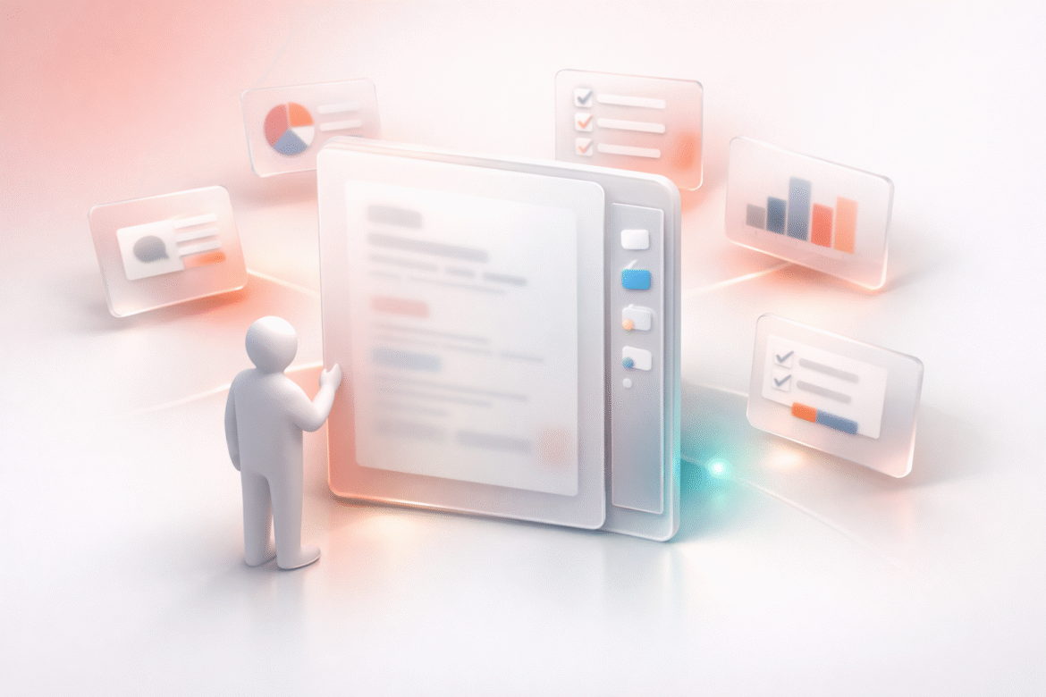 Abstract illustration of ChatGPT in Microsoft Word: a document panel with an assistant panel docked beside it