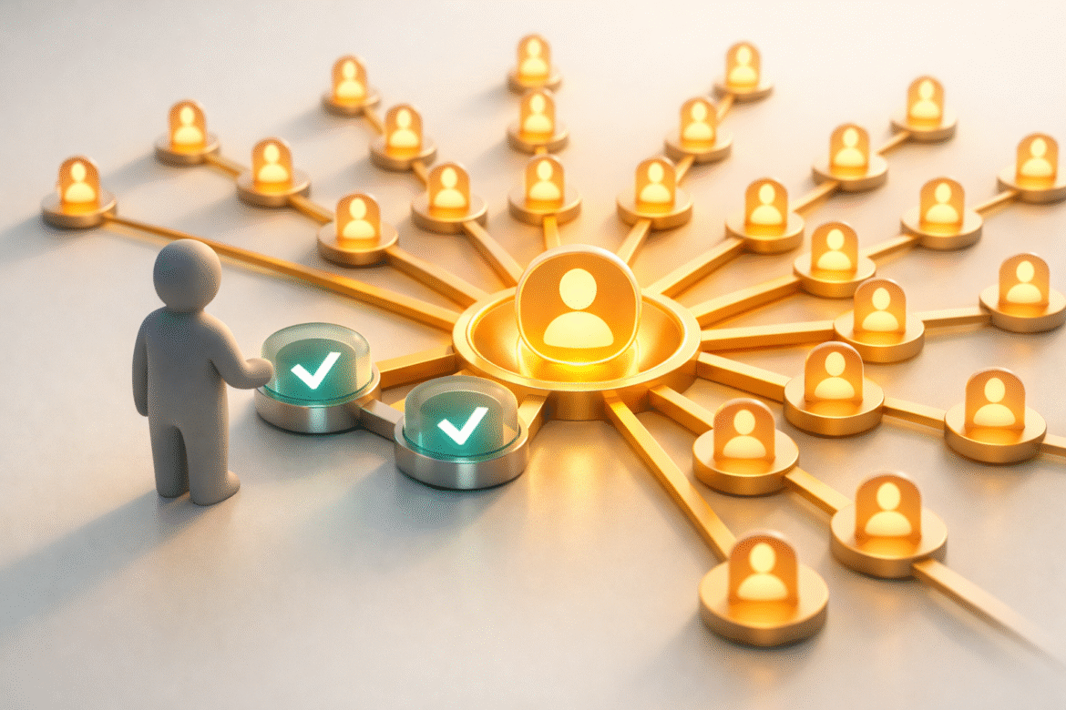 Isometric illustration of one authentic identity at a hub with duplicate copies filtered by verification gates, representing deepfake risk for women business owners