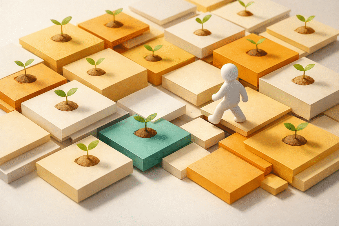 Abstract paper-cut grid of tiles at uneven heights with identical seedlings growing differently, illustrating the global AI gender gap for women