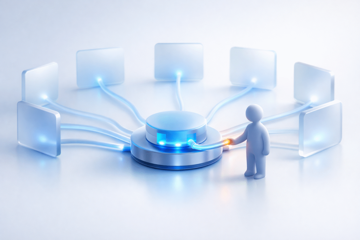 Abstract illustration of a small business hub with one connection open and the rest closed, representing Meta Muse for Small Business linking to business apps