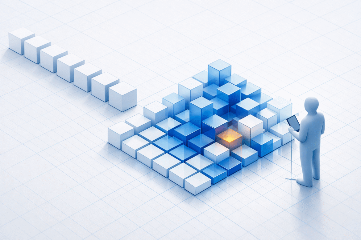 Abstract blueprint-style illustration of outcome-based AI pricing replacing fixed per-seat software blocks with a grid of variable tiles